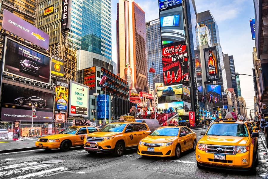 Taxi cabs lined up on a city street